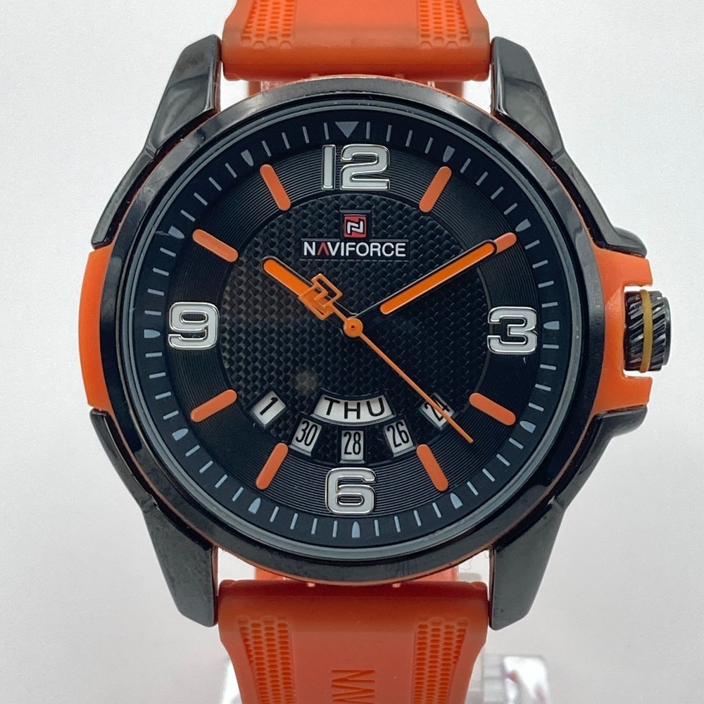 Naviforce Men's Watch 43mm Black Orange Day Date 30M WR New Battery 9.5"
